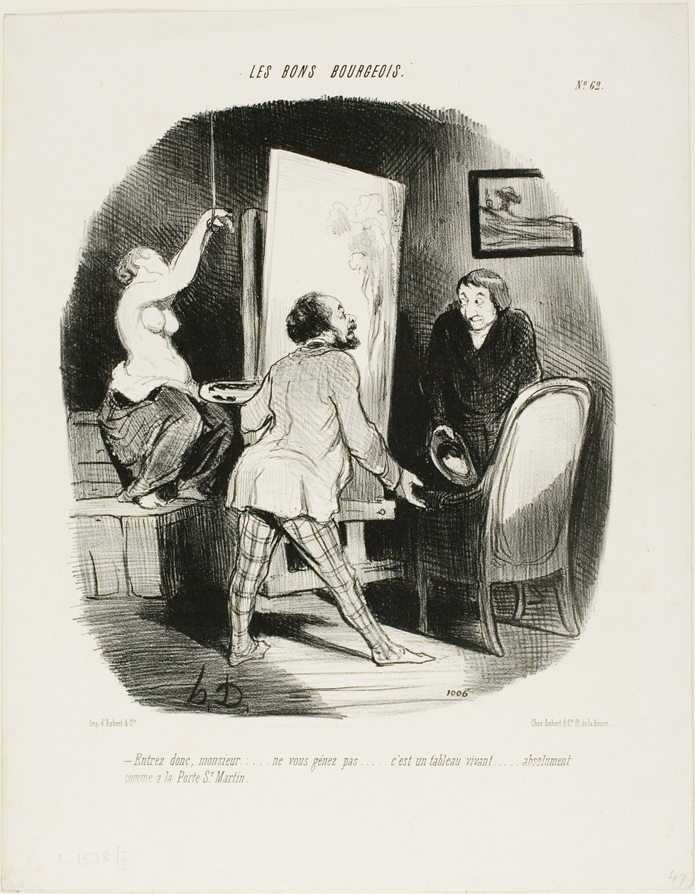 "Entre, Monsieur, não seja tímido. É um quadro vivo.... tal como (veria) na Porte St. Martin", placa 62 de Les Bons Bourgeois de Honoré Victorin Daumier