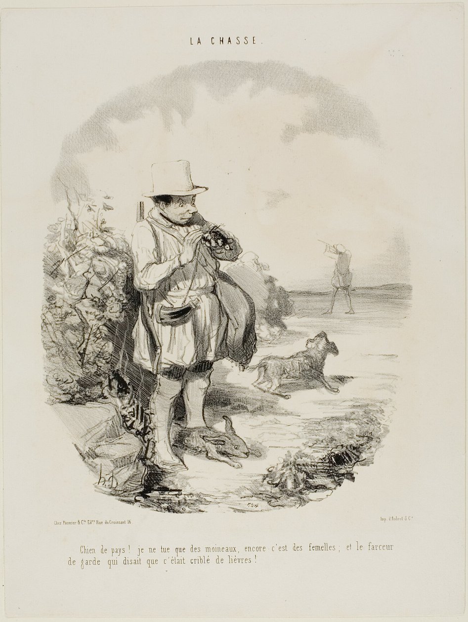 "Maldito país! Eu só mato pardais.... e só fêmeas... e este guarda engenhoso insistiu que o sítio está cheio de coelhos", chapa 5 de La Chasse de Honoré Victorin Daumier