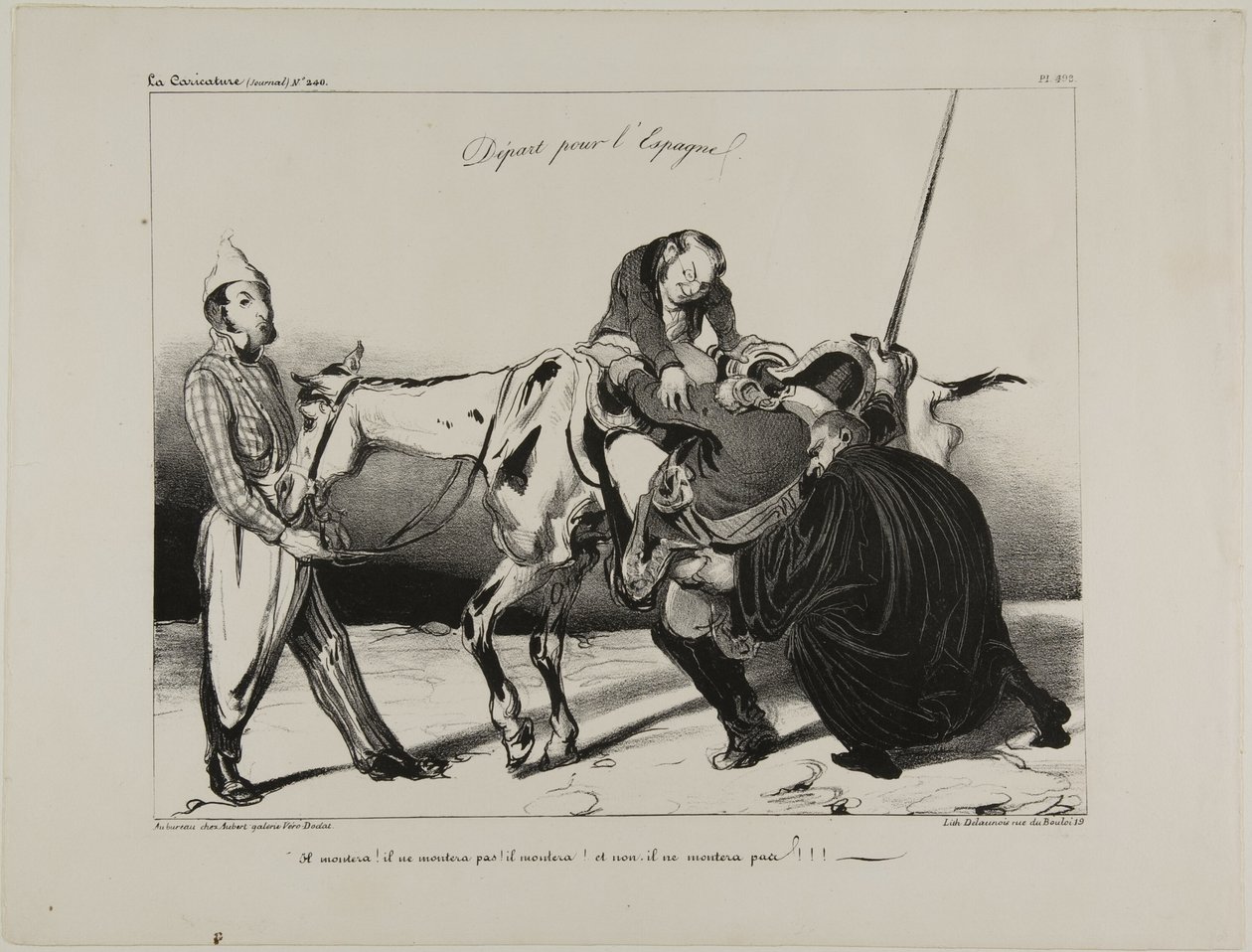 Partida para Espanha. "Ele vai montar! ele não vai montar! ele vai montar! e não, ele não vai montar!!!", chapa 498 de Honoré Victorin Daumier