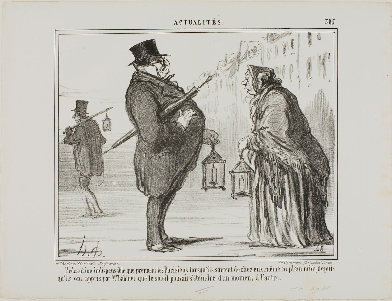Desde que o Sr. Babinet anunciou que o sol poderia desaparecer de um momento para o outro, os parisienses estão a tomar todas as precauções necessárias, mesmo ao meio-dia, placa 385 de Actualités de Honoré Victorin Daumier