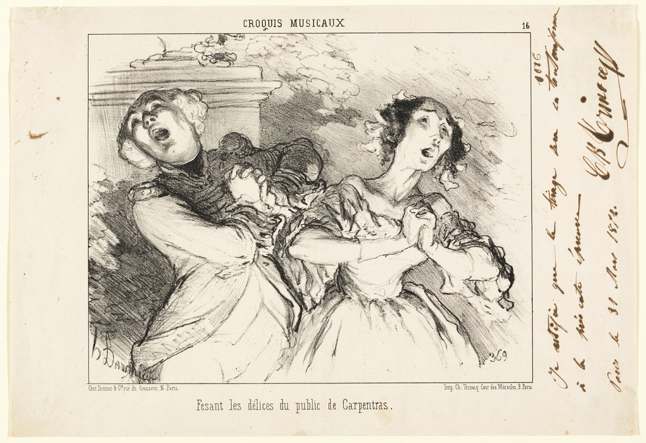 Oferecer ao público as delícias de Carpentras, prato 16 de Croquis Musicaux de Honoré Victorin Daumier