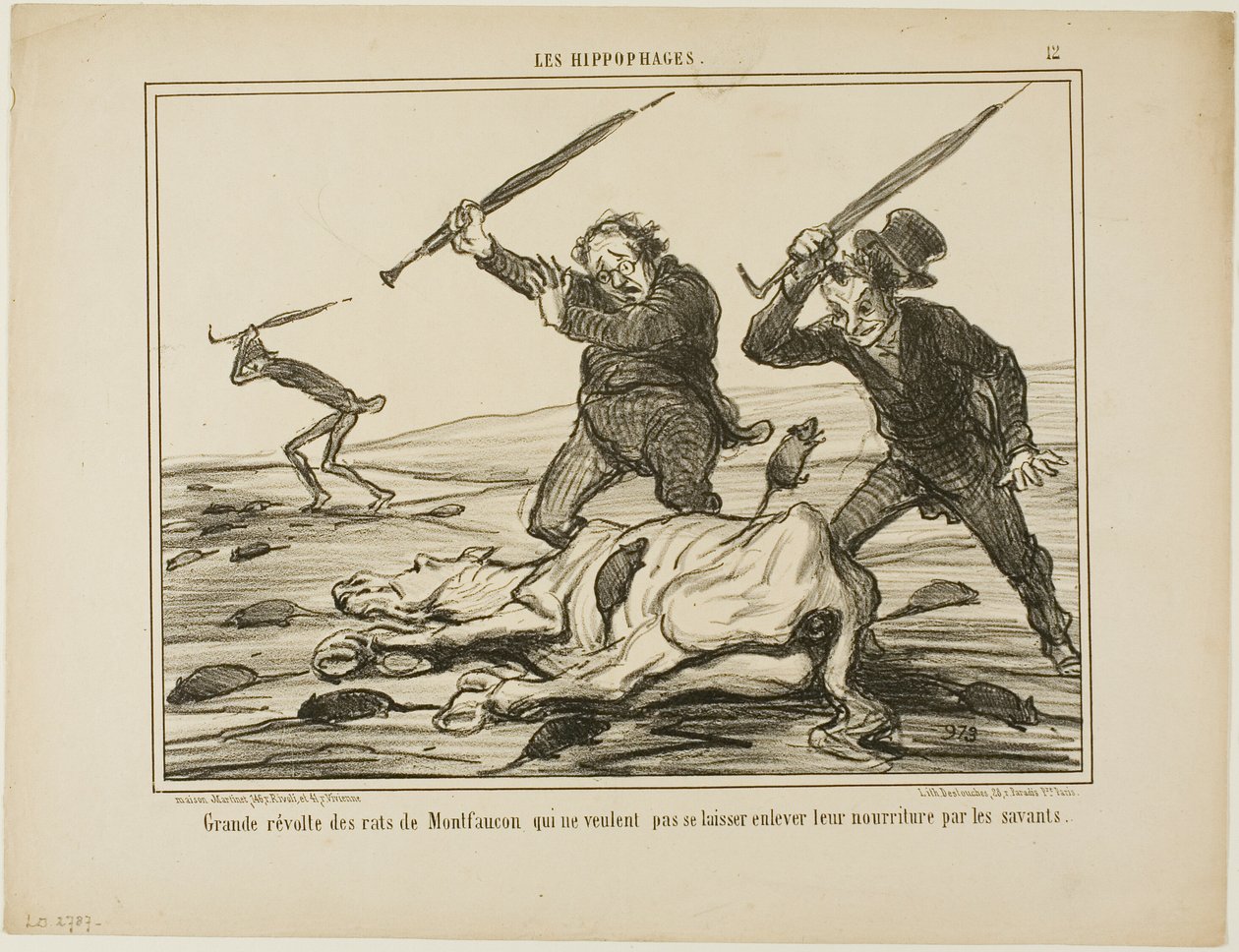 Grande revolta dos ratos de Montfaucon que não querem que os cientistas lhes retirem a comida, placa 12 de Les Hippophages de Honoré Victorin Daumier