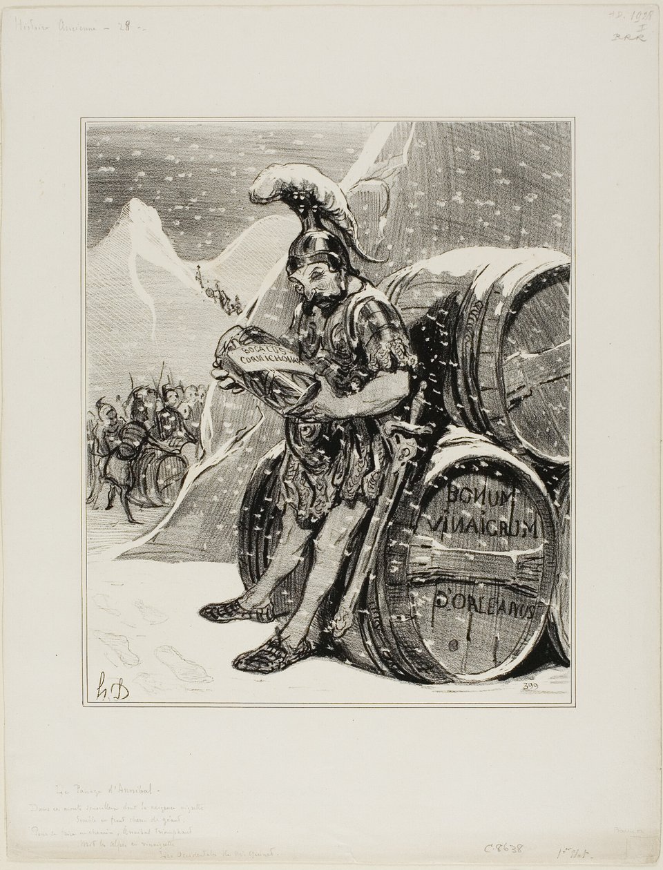 A travessia de Aníbal. Estas altas montanhas onde a neve crestada se assemelha à testa branca de um gigante treme para forjar uma estrada, com uma canção triunfante Aníbal transformou os Alpes em cornichon. (Les Occidentals do Sr. Quinet), placa 28 da Hist de Honoré Victorin Daumier
