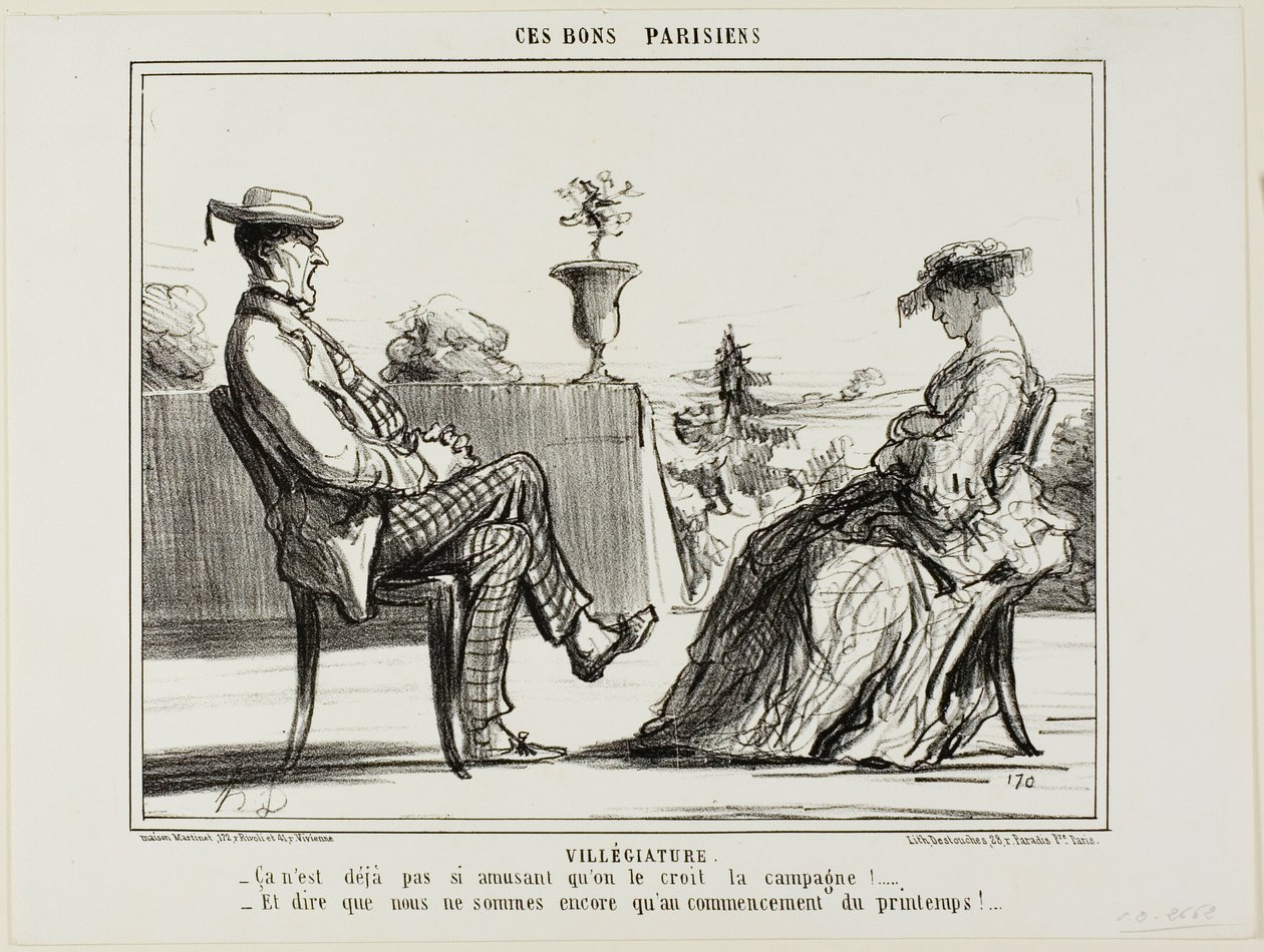 Férias no campo. "- A vida no campo não é assim tão divertida, como se costuma dizer. - E pensar que a primavera ainda agora começou", prato 14 de Ces Bons Parisiens de Honoré Victorin Daumier