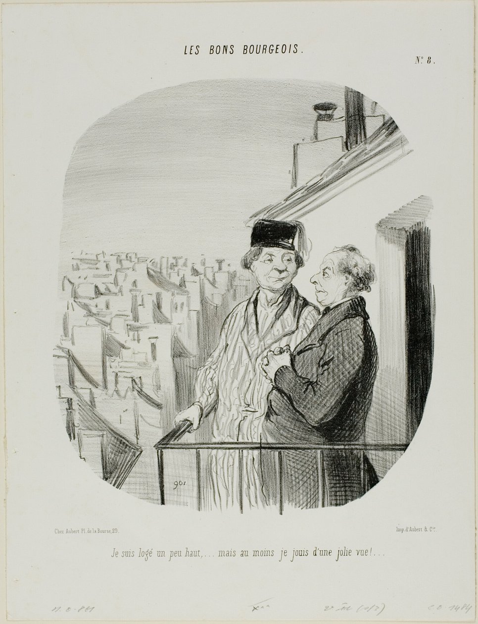 "Estou a viver um pouco alto... mas pelo menos estou a desfrutar de uma bela vista", placa 8 de Les Bons Bourgeois de Honoré Victorin Daumier