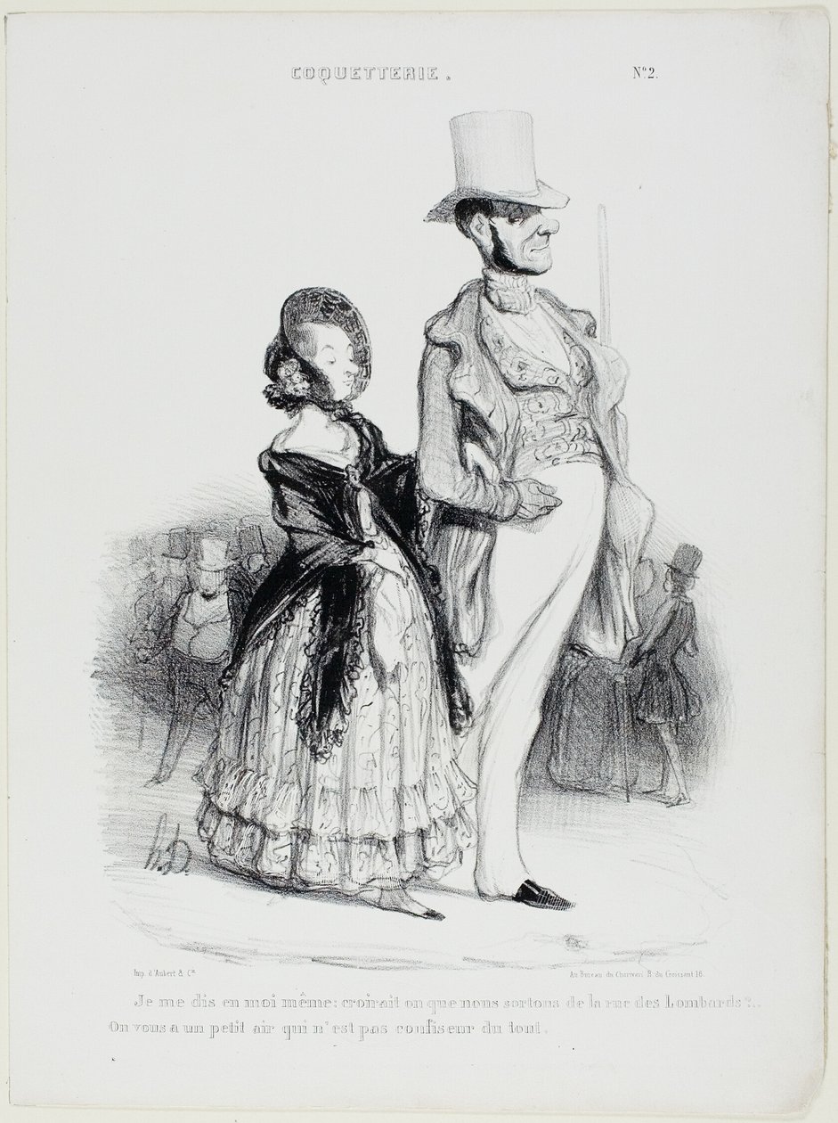 "Digo para mim próprio: alguém imaginaria que estamos a vir da Rue des Lombards De facto, não nos parecemos nada com pasteleiros", placa 2 de Coquetry de Honoré Victorin Daumier