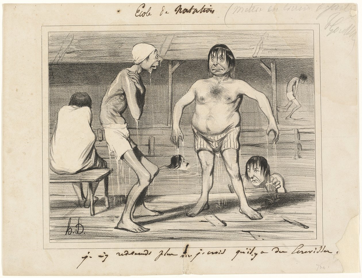 Não entro mais aí! - Acho que há lagostins lá em baixo..., prato um de Les Baigneurs de Honoré Victorin Daumier
