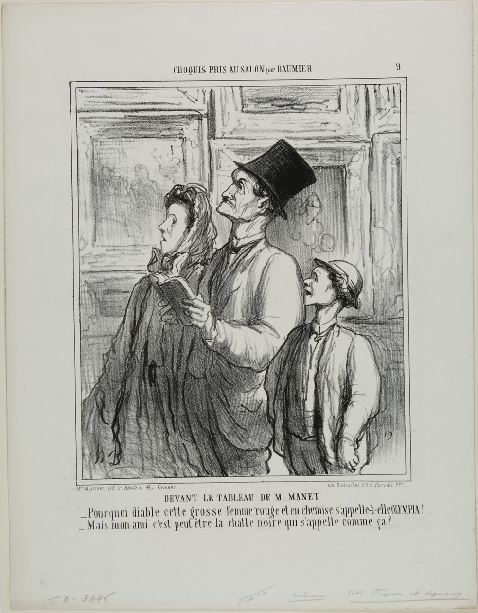 Olhando para o quadro de Manet. "- Porque raio se chama Olímpia a esta mulher gorda e ruiva de camisa de noite - Mas, minha querida, talvez seja esse o nome do gato preto", placa 9 de Croquis Pris Au Salon par Daumier de Honoré Victorin Daumier
