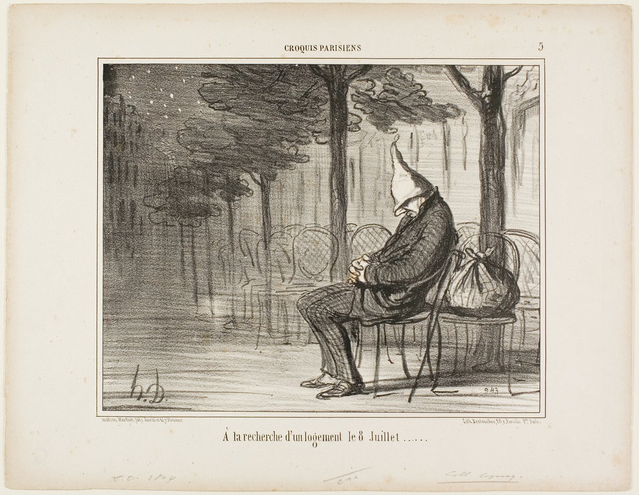 À procura de um alojamento para pernoitar no dia 8 de julho, placa 5 de Croquis Parisiens de Honoré Victorin Daumier
