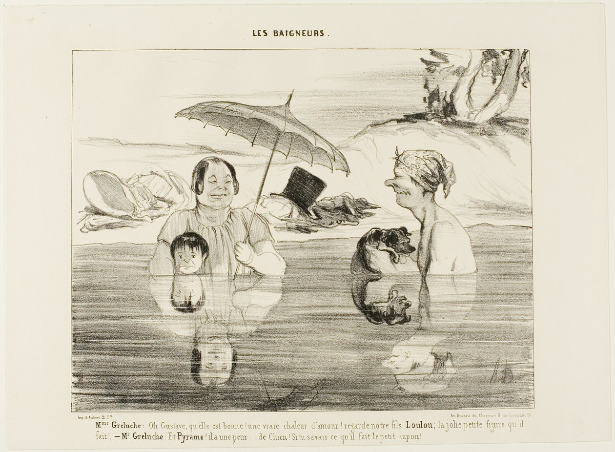 Madame Greluche: "Oh, Gustave, que bom! Um verdadeiro calor calmante! Olhem para o nosso filho Loulou, que cara tão gira que ele faz!" Sr. Greluche: "E o Píramo, tem medo, tem medo como um cão. Se soubesses o que ele está a fazer neste momento, o pequeno p de Honoré Victorin Daumier
