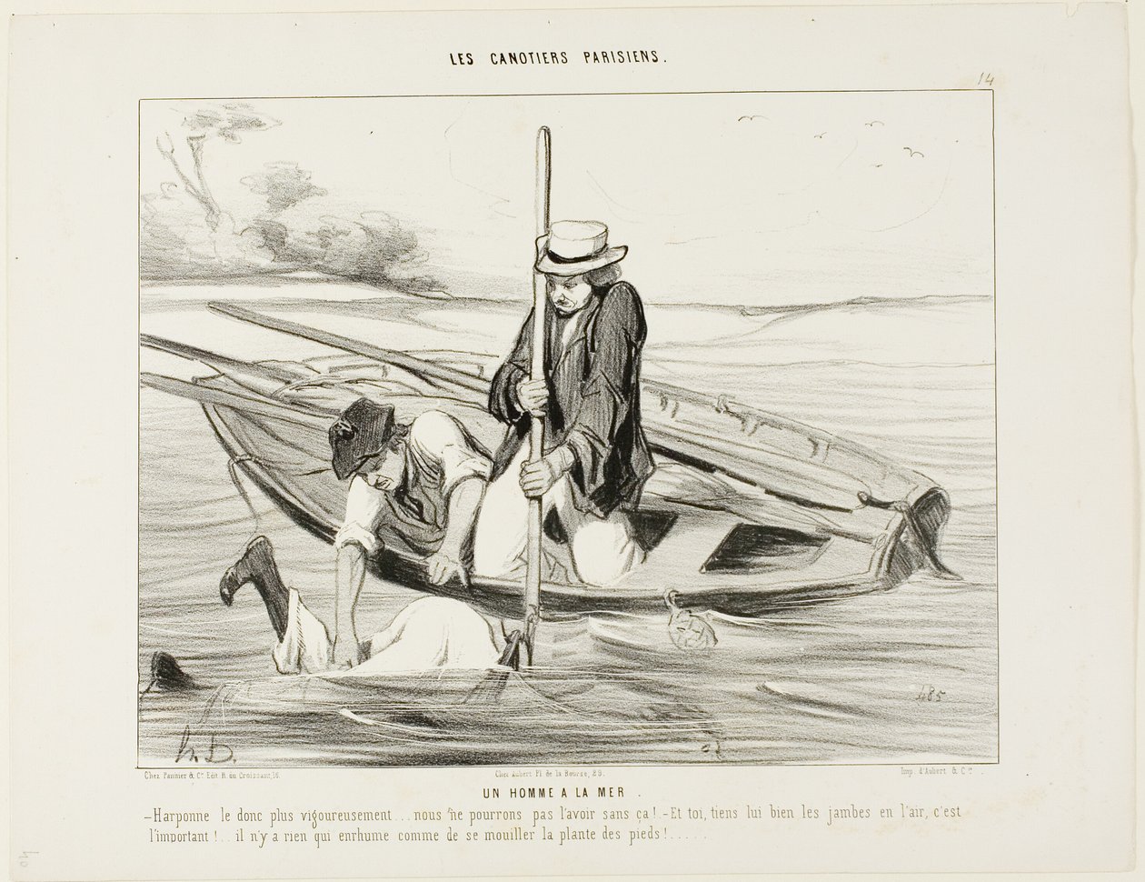 Homem ao mar! "- Arpoem-no com mais firmeza!.... não o conseguimos apanhar de outra forma! E tu, segura-lhe as pernas no ar, isso é muito importante.... Não há nada no mundo que faça apanhar uma constipação mais depressa do que molhar os pés", placa 14 de  de Honoré Victorin Daumier