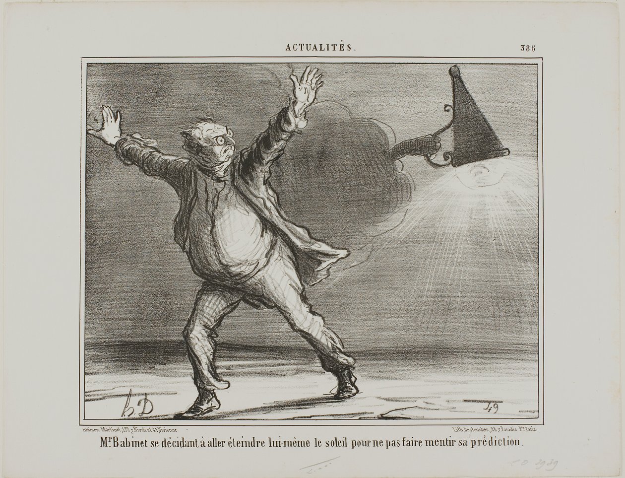 Monsieur Babinet decide desligar pessoalmente o sol para que as suas previsões se cumpram, placa 386 de Actualités de Honoré Victorin Daumier