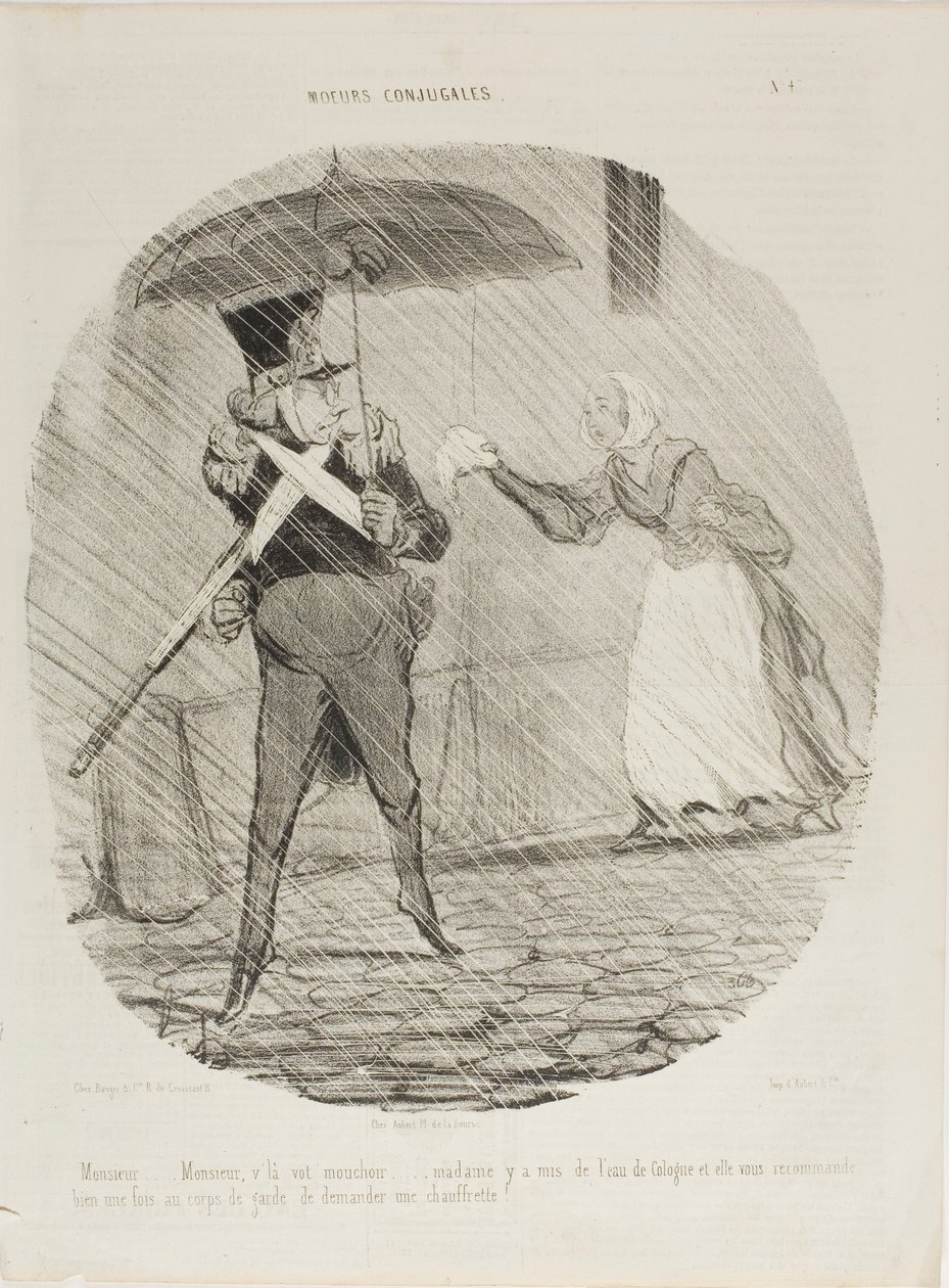 "Monsieur, Monsieur, aqui está o seu lenço. A Madame pôs-lhe água-de-colónia e disse que devia perguntar na Guarda se lhe podiam dar um aquecedor de pés", placa 47 de Moeurs Conjugales de Honoré Victorin Daumier