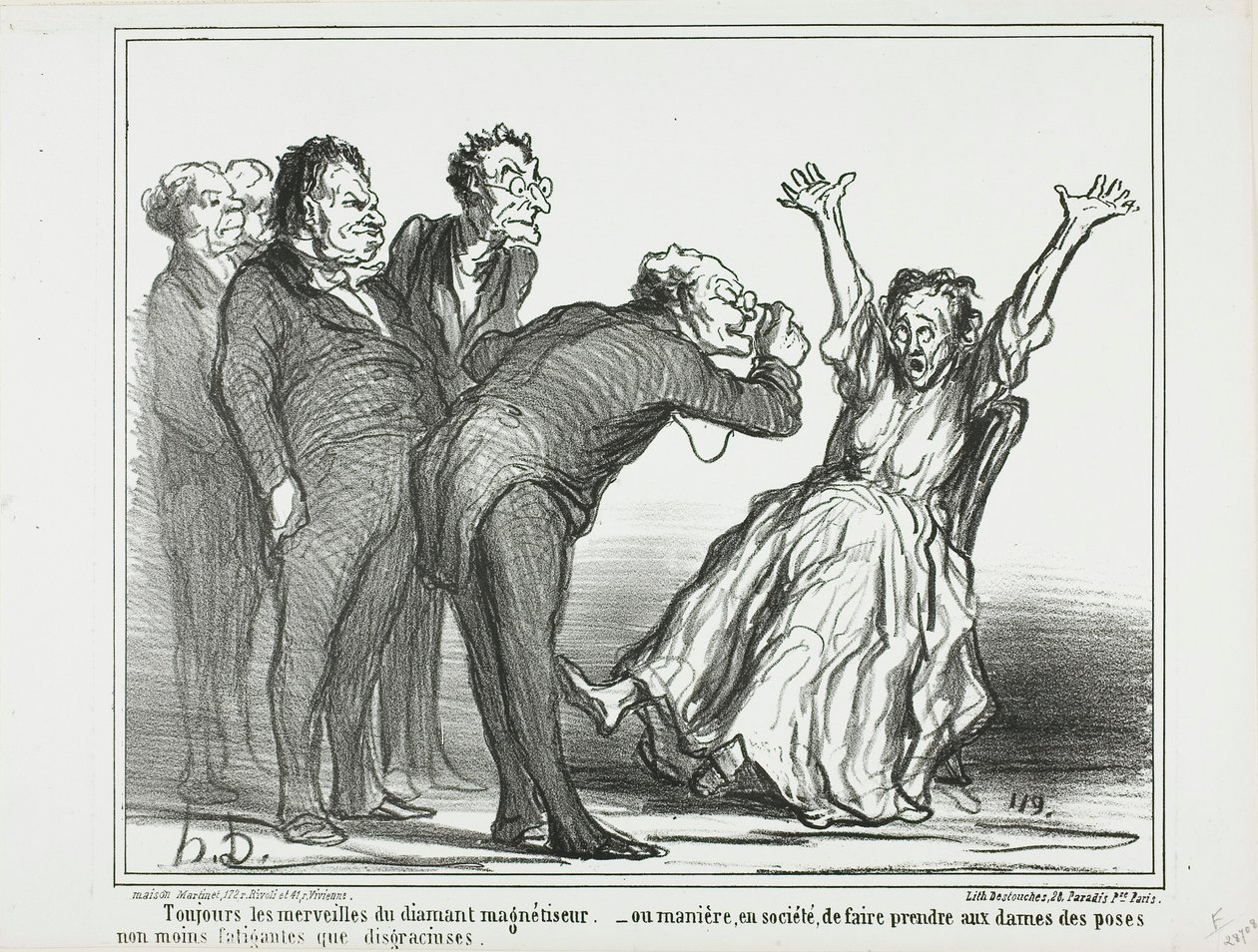 Mais maravilhas do hipnotizador de diamantes. Ou, como fazer com que as senhoras posem na sociedade em posições cansativas e pouco graciosas, placa 137 de Actualités de Honoré Victorin Daumier