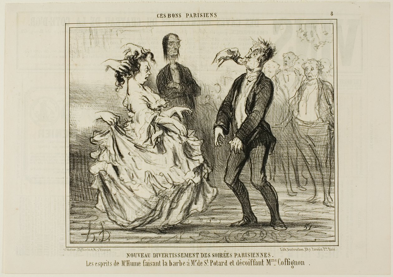 Novo entretenimento nas festas parisienses. O espírito do Sr. Hume a rapar a barba do Sr. de St. Potard e a desfazer o cabelo da Sra. Coffignon, placa 8 de Ces Bons Parisiens de Honoré Victorin Daumier