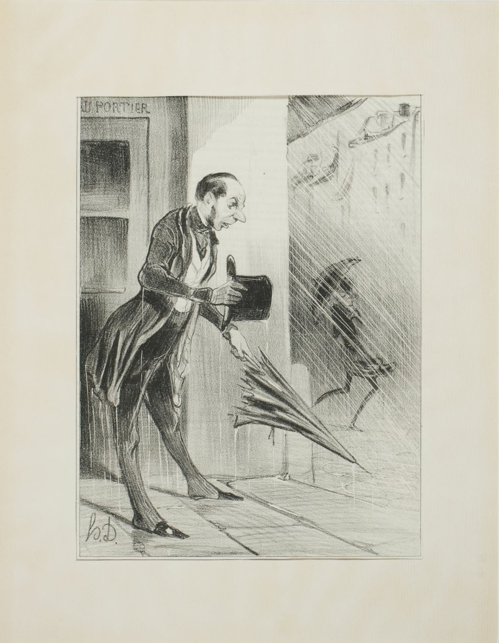 Novo guarda-chuva patenteado, com um sistema de molas melhorado, para abrir rapidamente ao mais pequeno toque (ver o nosso anúncio na matéria), placa 33 de Émotions Parisiennes de Honoré Victorin Daumier