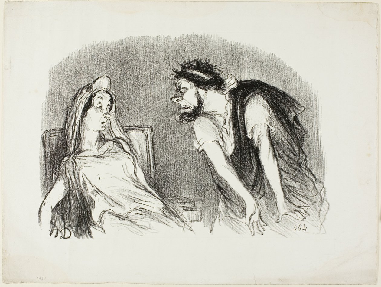 Oedipe. "- Quando a minha espada cortou o seu coração que sangrava - Estais a tremer, Senhora - Foi então que o mundo se desmoronou", prato dez de Physionomies tragiques de Honoré Victorin Daumier