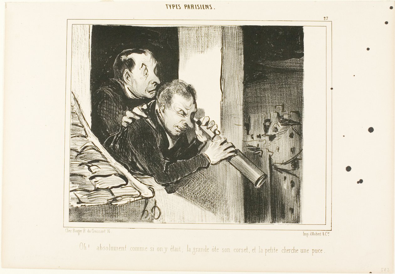 "Oh! É como se estivéssemos lá: a mais alta abre o seu espartilho e a mais pequena procura uma pulga!", placa 27 de Types Parisiens de Honoré Victorin Daumier