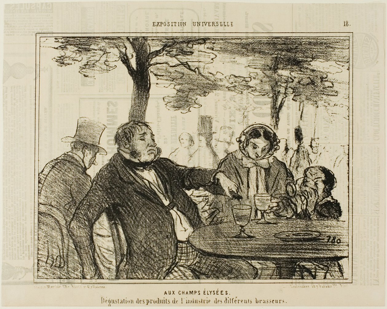 Nos Campos Elísios. Degustação de produtos industriais de diferentes fabricantes de cerveja, placa 18 da Exposição Universal de Honoré Victorin Daumier