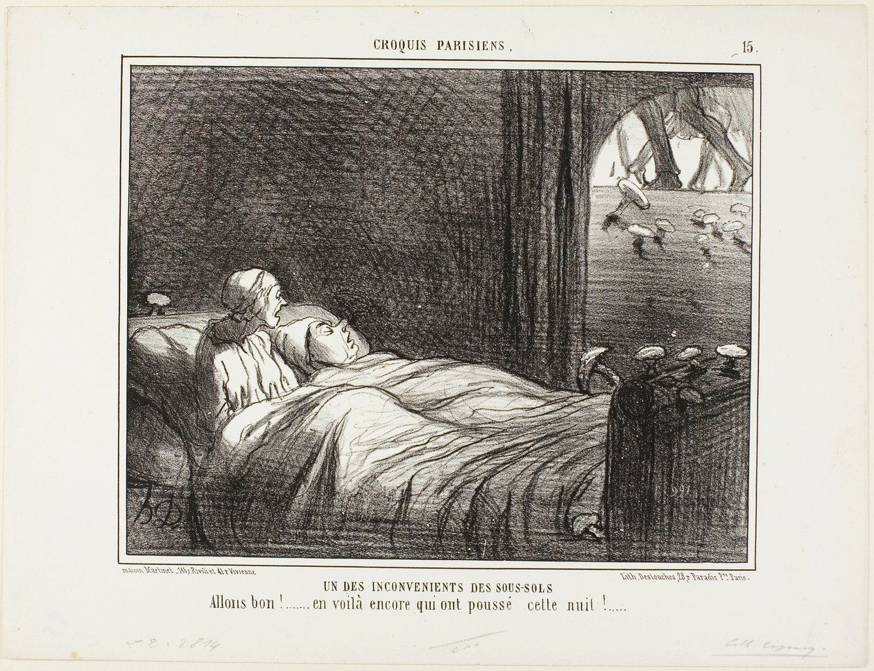 Uma das desvantagens de viver na cave. "Olha, aqui estão mais algumas que cresceram ontem à noite...", prato 15 de Croquis Parisiens de Honoré Victorin Daumier