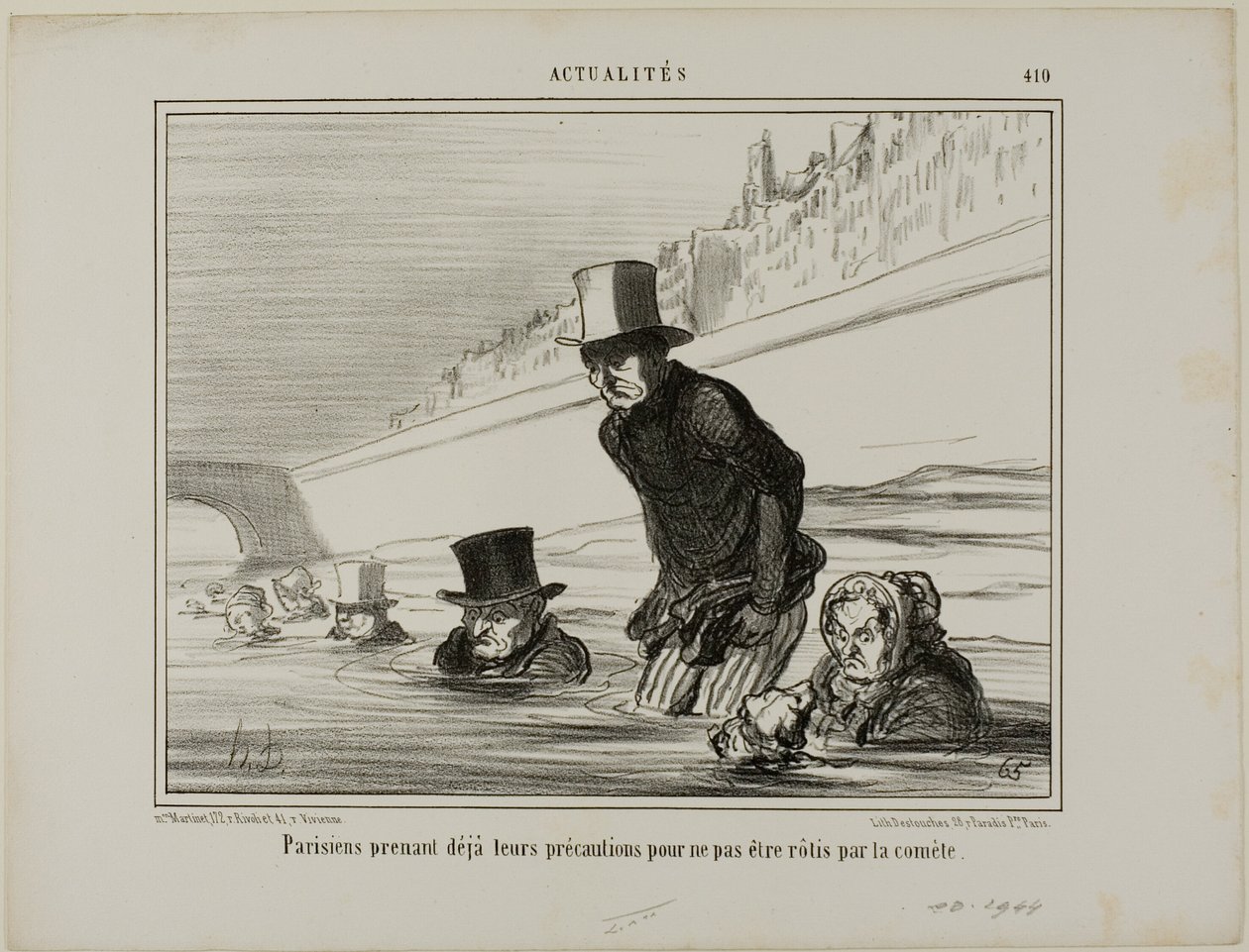 Os parisienses já estão a tomar as suas precauções para evitar serem assados pelo cometa, placa 410 de Actualités de Honoré Victorin Daumier