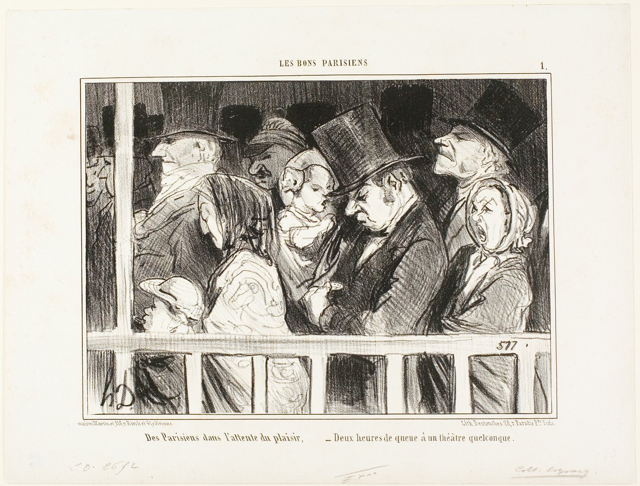 Os parisienses querem divertir-se. Fila de espera de duas horas em frente a qualquer teatro da cidade, placa 1 de Les Bons Parisiens de Honoré Victorin Daumier