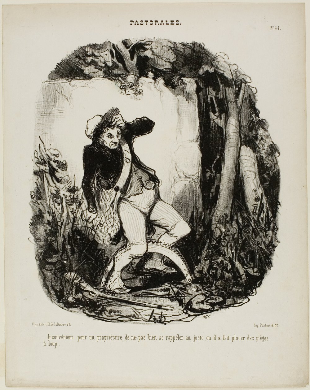 É bastante embaraçoso não se lembrar onde se esconderam as armadilhas para lobos, placa 44 de Pastorales de Honoré Victorin Daumier