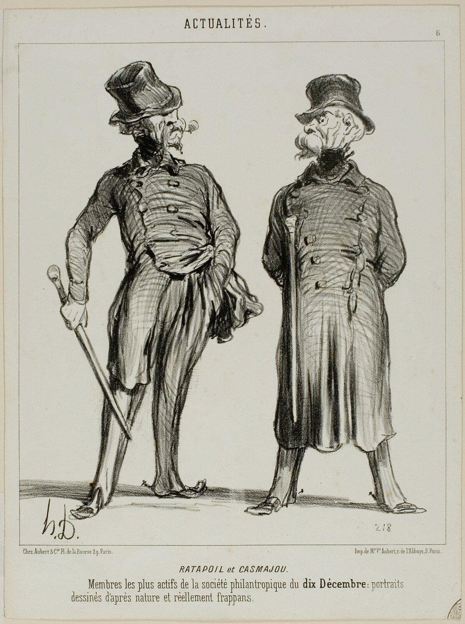 Ratapoil e Casmajou. Os membros mais activos da sociedade filantrópica de 10 de dezembro: os retratos são desenhados a partir da natureza e são de uma semelhança impressionante, placa 6 de Actualités de Honoré Victorin Daumier
