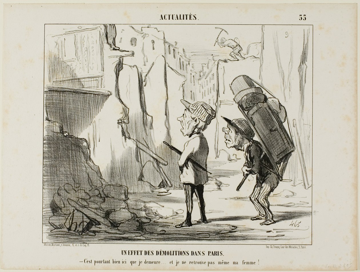 Resultado da demolição de edifícios em Paris. "- Afinal, era aqui que eu vivia.... e já nem sequer consigo encontrar a minha mulher", chapa 55 de Actualités de Honoré Victorin Daumier