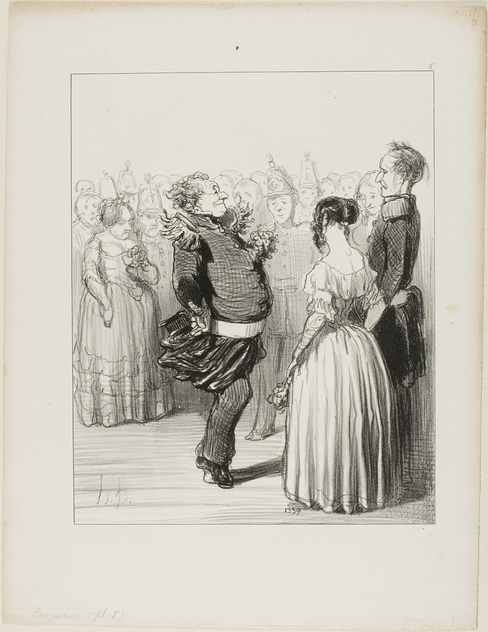 Rifolard abre a bola e executa um passo de dança ousado para a frente, que recebe muitos elogios, prato 5 de Les Banqueteurs de Honoré Victorin Daumier