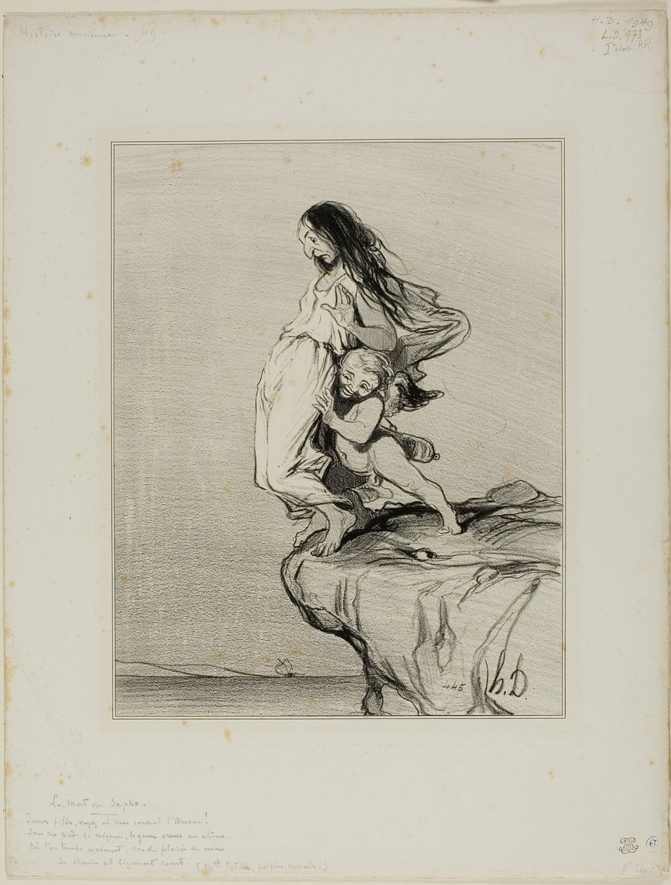 A morte de Safo. "Jovens senhoras, vedes onde o amor nos leva Sob os nossos pés tão delicados e pequenos O miserável abismo de um abismo No qual acabamos por cair", placa 49 de Histoire Ancienne de Honoré Victorin Daumier