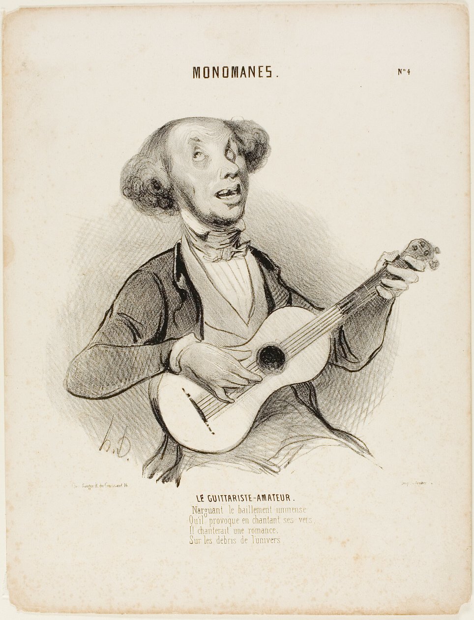 O guitarrista amador. Desafiando os bocejos de todos, Enquanto canta seu verso insignificante, Ele cantaria uma canção de salão, Sobre as ruínas do universo...", prato 4 de Monomanes de Honoré Victorin Daumier