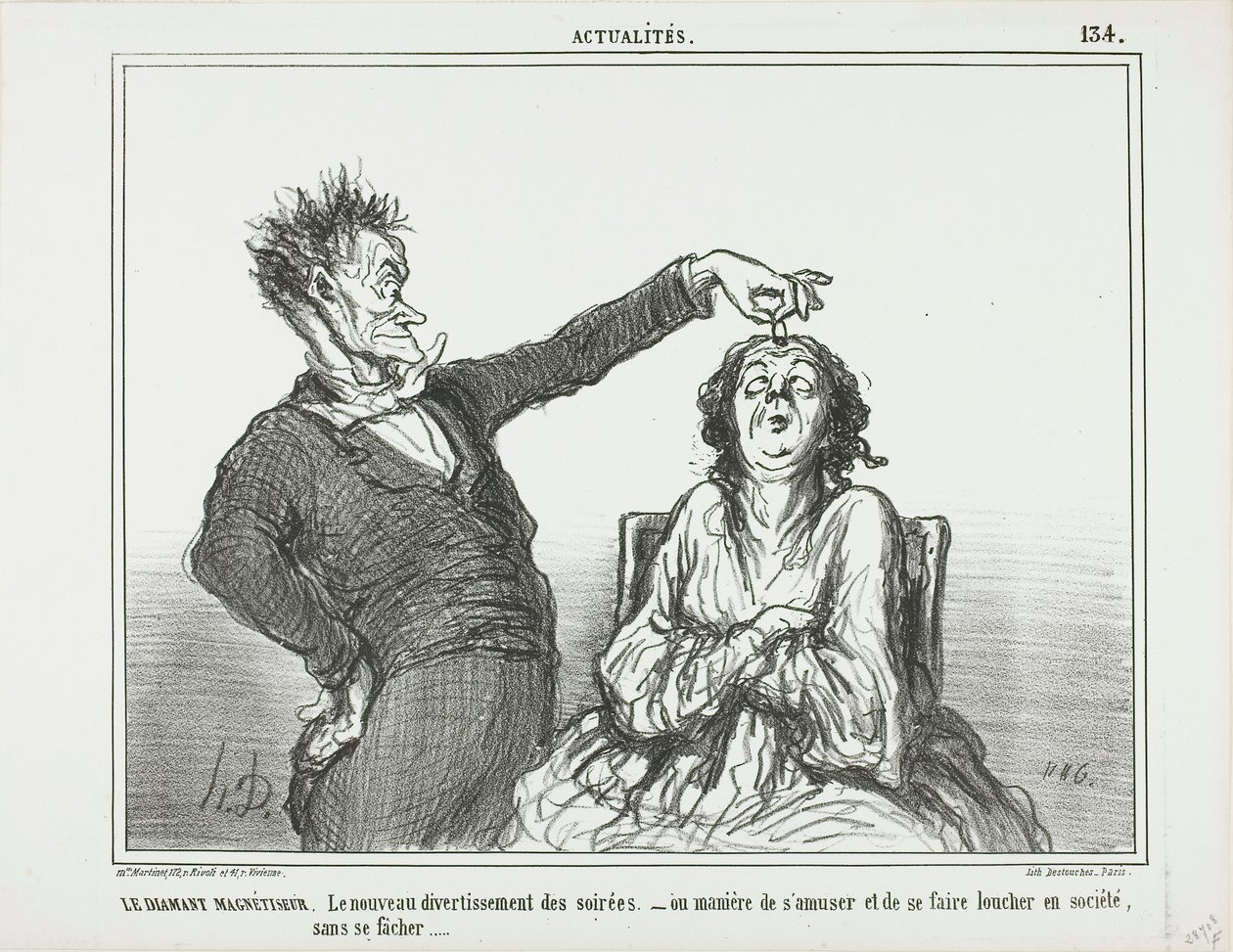 O hipnotizador de diamantes. Um novo passatempo para as festas nocturnas - ou como se divertir e fazer com que alguém semicerre os olhos, sem se meter em sarilhos, placa 134 de Actualités de Honoré Victorin Daumier
