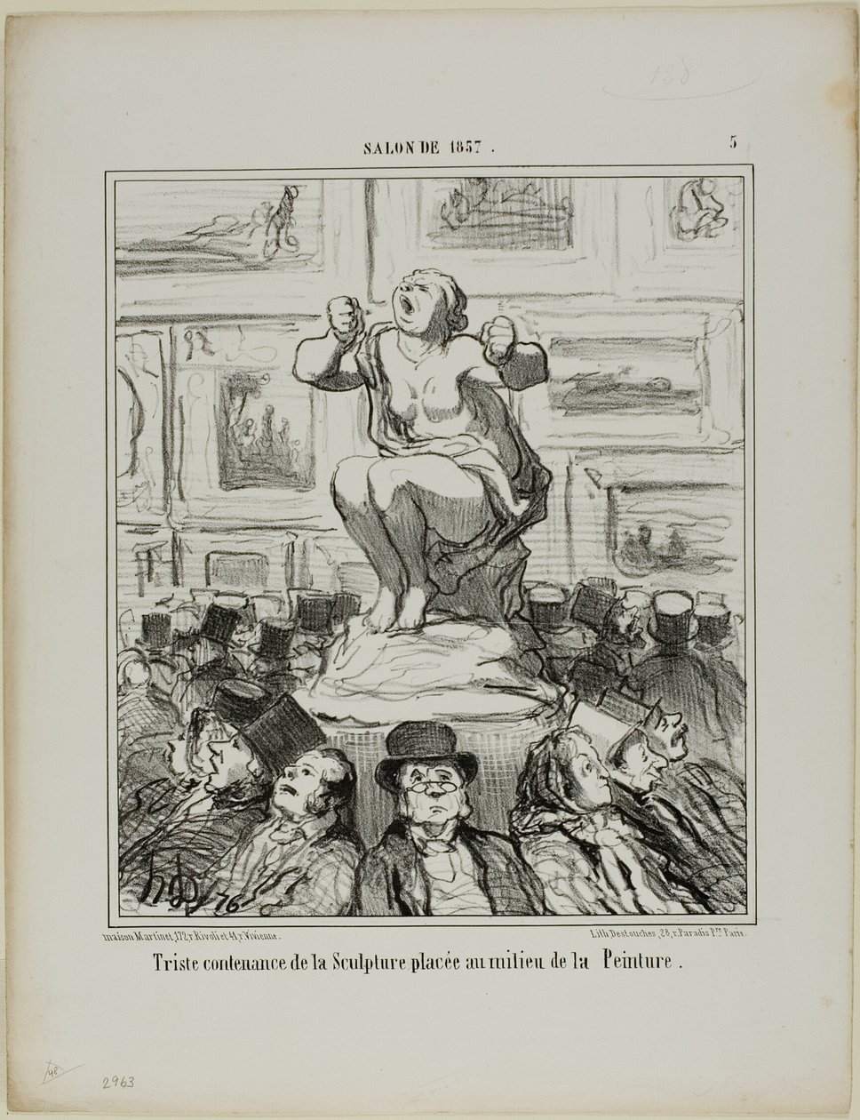 O desprazer de uma escultura colocada no meio de uma exposição de pinturas, placa 5 do Salon de 1857 de Honoré Victorin Daumier