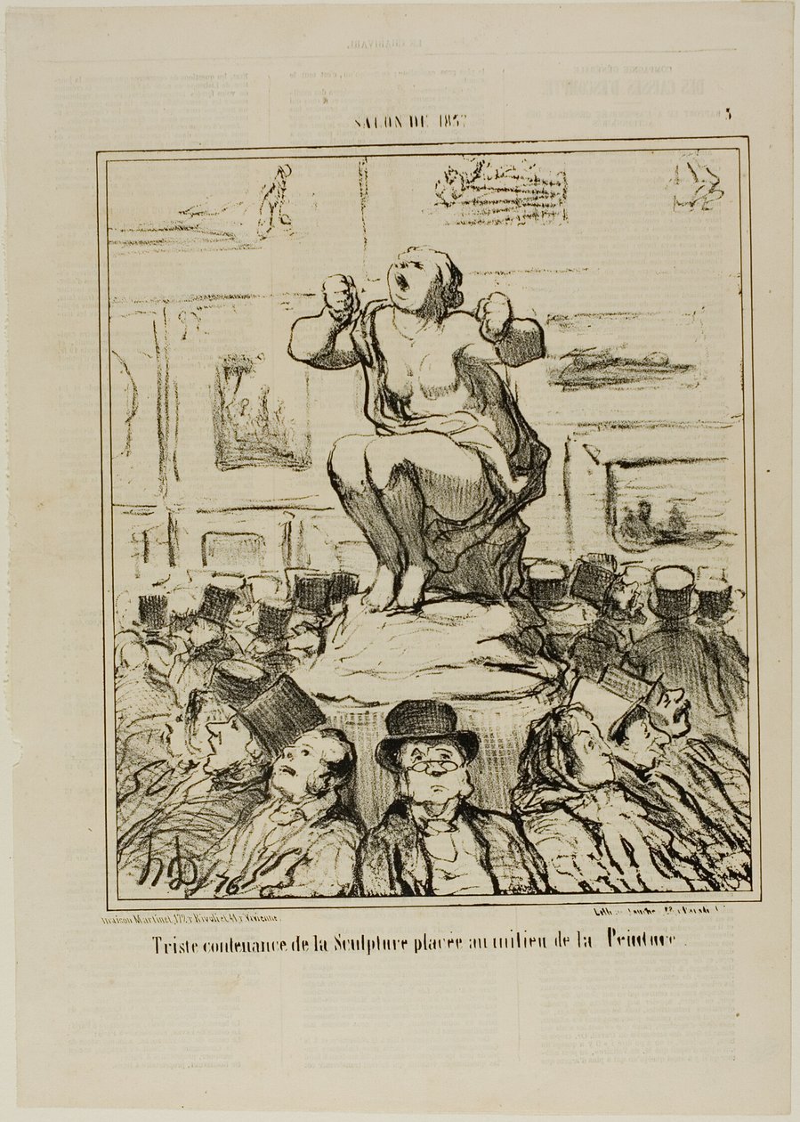 O desprazer de uma escultura colocada no meio de uma exposição de pinturas, placa 5 do Salon de 1857 de Honoré Victorin Daumier
