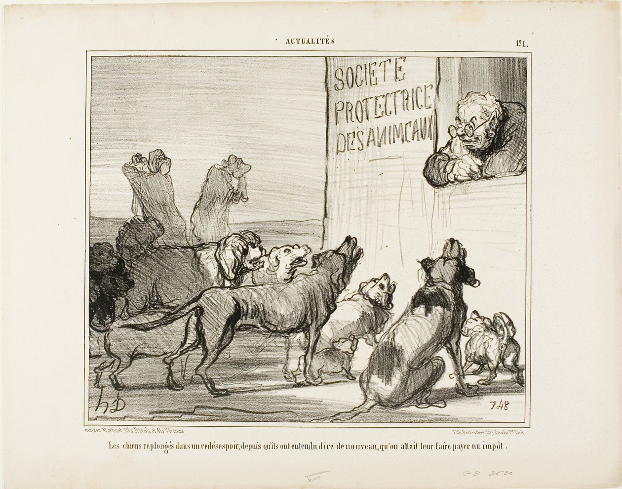 Os cães voltam a desesperar depois de saberem que, afinal, vai haver um novo imposto sobre as licenças caninas, chapa 171 de Actualités de Honoré Victorin Daumier