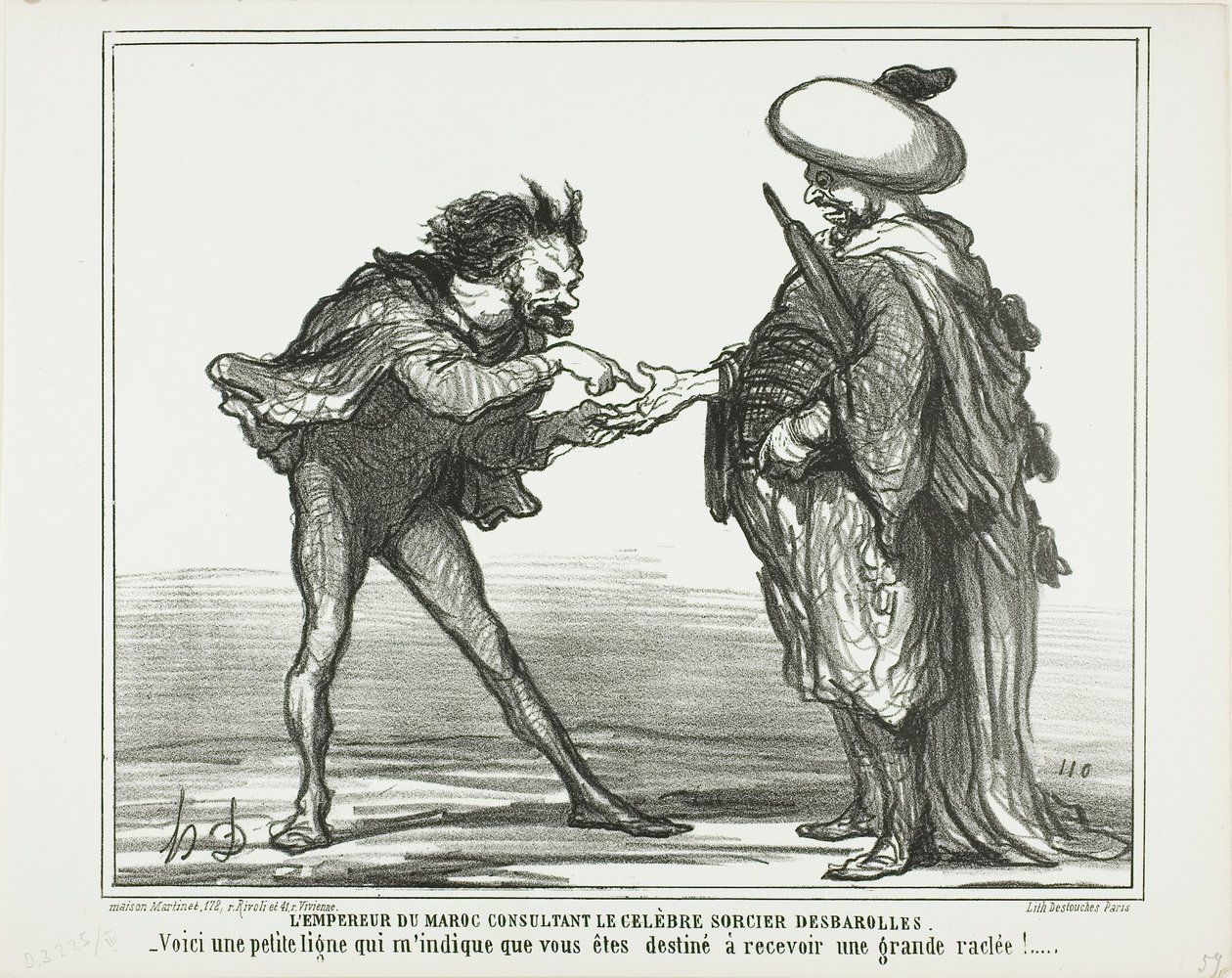 O Imperador de Marrocos em consulta com o famoso mágico Desbarolles. "- Esta pequena linha aqui indica-me que vai levar uma sova real!", chapa 126 de Actualités de Honoré Victorin Daumier