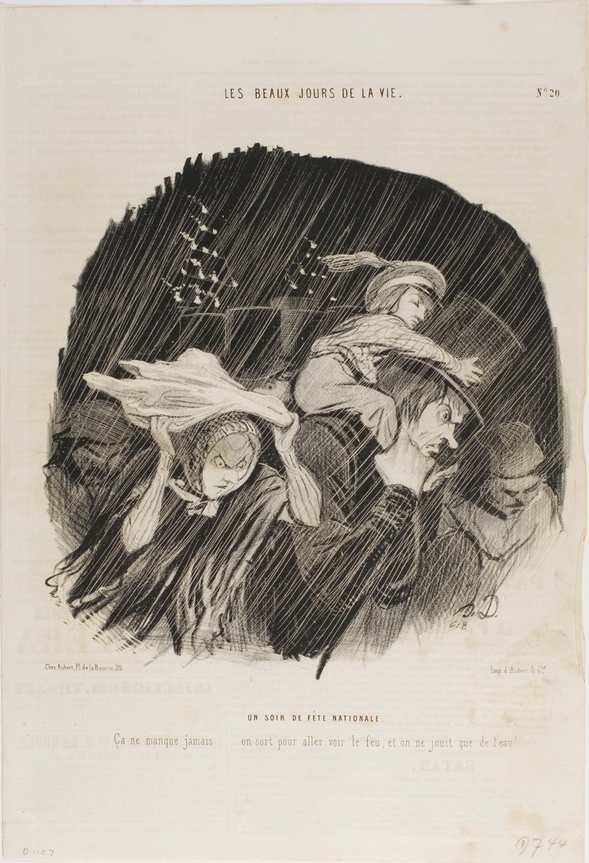 A noite do feriado nacional. Nunca falha... sai-se para ver o fogo de artifício e tudo o que se vê é água!, prato 20 de Les Beaux Jours De La Vie de Honoré Victorin Daumier