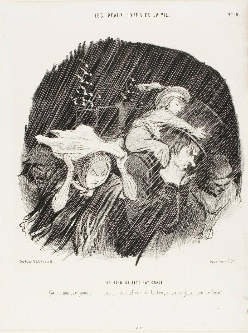 A noite do feriado nacional. Nunca falha... sai-se para ver o fogo de artifício e tudo o que se vê é fogo de artifício!, prato 20 de Os Melhores Dias da Vida de Honoré Victorin Daumier