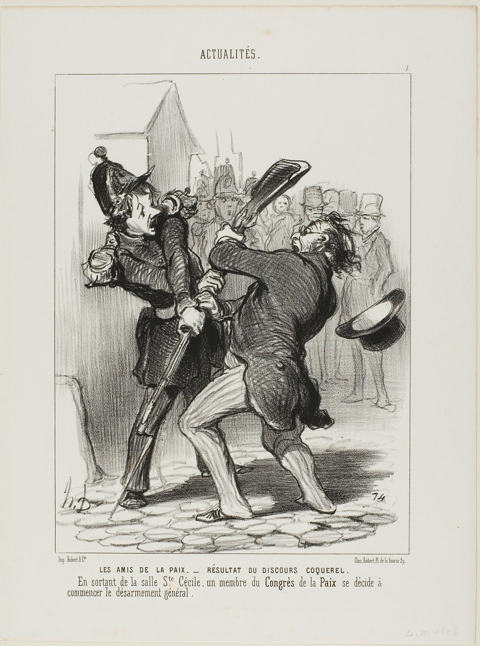 Os amigos da paz - Resultado de um discurso de Coquerel. Ao sair da enfermaria de Santa Cecília, um membro do congresso da paz decidiu iniciar o desarmamento geral, placa 7 de Actualités de Honoré Victorin Daumier