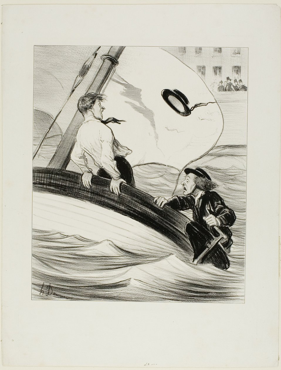 A Rajada de Vento. "- Oh, que raio! Perdi o meu chapéu! - Não te preocupes.... como é à prova de água.... não terás problemas em recuperá-lo em Rouen!", placa 17 de Les Canotiers Parisiens de Honoré Victorin Daumier