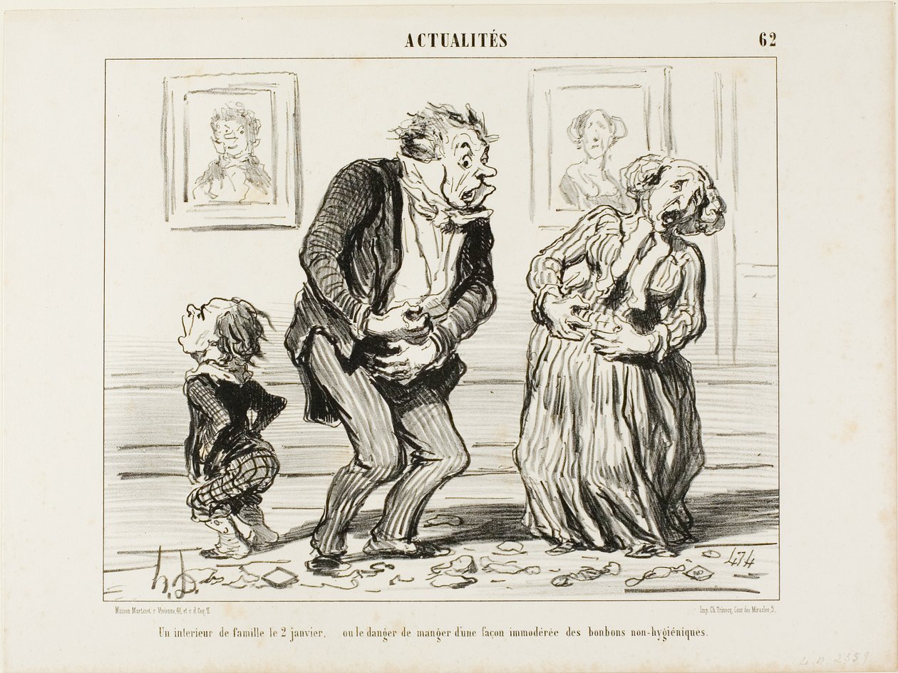 O interior de uma família no dia 2 de janeiro - ou o perigo de consumir imoderadamente doces não higiénicos, chapa 62 de Actualités de Honoré Victorin Daumier