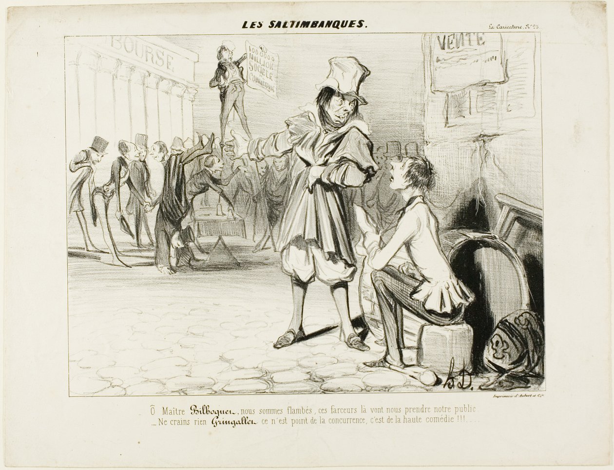 Os Mountebanks. "- Oh Sr. Bilboquet, estamos fartos... estes palhaços vão roubar-nos o espetáculo! Não te preocupes, Gringaillet, eles não são concorrência, são apenas comediantes!" de Les Saltimbanques de Honoré Victorin Daumier