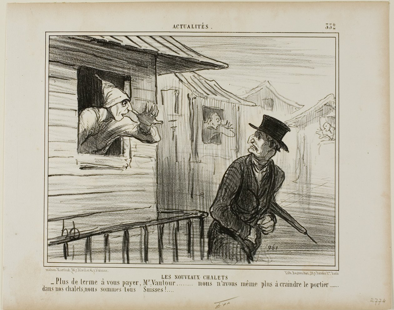 As novas casas de bloco. "- Não há mais renda a pagar, Monsieur Vautour... e já não temos medo do porteiro..... nos nossos chalés somos todos suíços", placa 332 de Actualités de Honoré Victorin Daumier