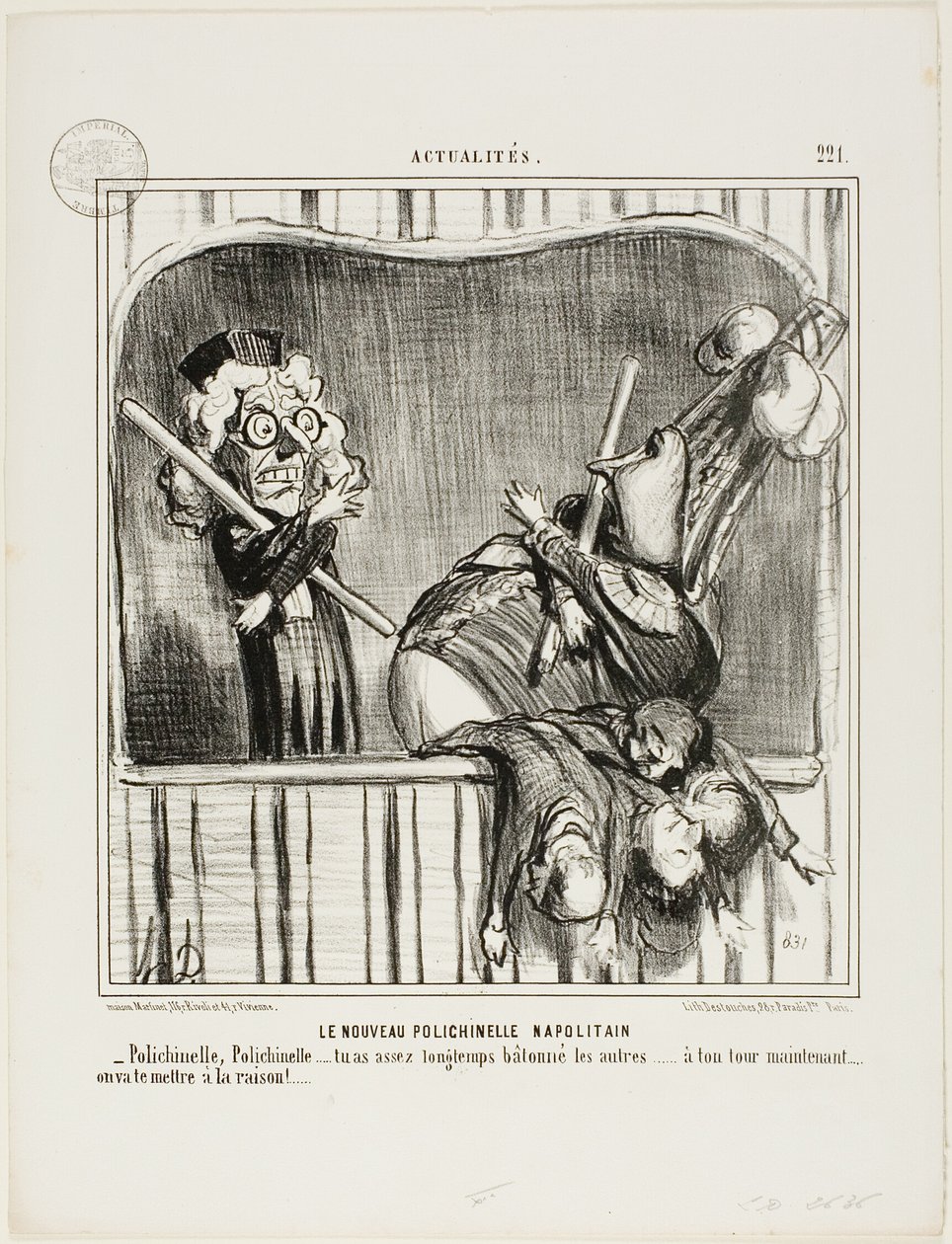 O novo bufão napolitano. "- Polichinelo, Polichinelo, já bateste nos outros durante muito tempo... agora é a tua vez. Vamos chamar-te à razão...", placa 221 de Actualités de Honoré Victorin Daumier
