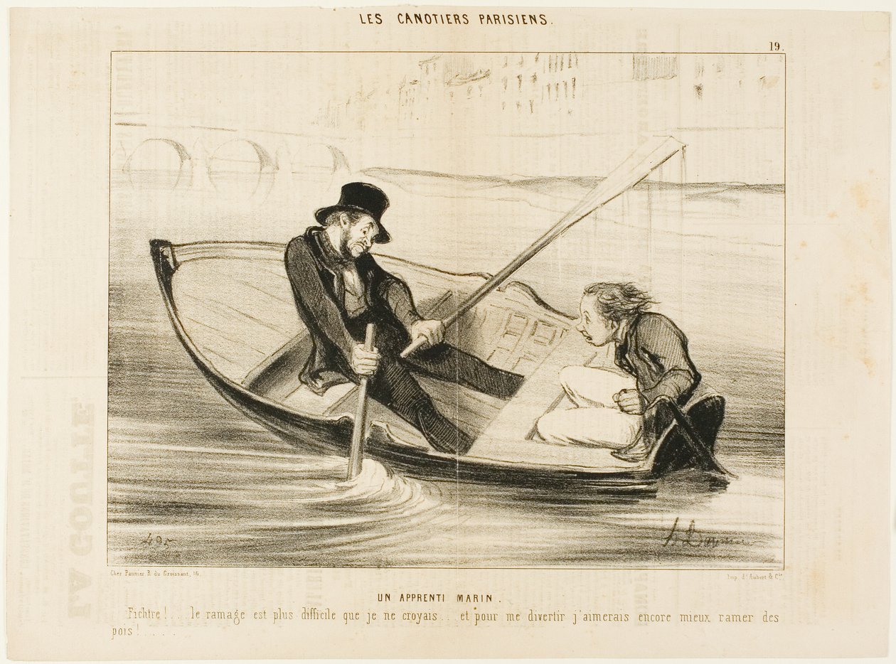 O marinheiro principiante. "Diabo... remar é muito mais difícil do que eu pensava! E para me divertir de verdade, prefiro ficar com ervilhas...", placa 19 de Les Canotiers Parisiens de Honoré Victorin Daumier