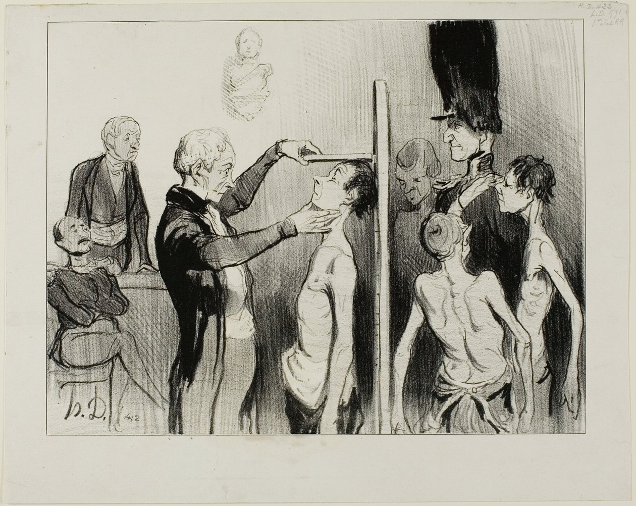 O Quadro de Recrutamento. "Não é uma visão gloriosa: estes nobres jovens franceses cheios de ardor, força e elegância prontos a defender a sua honra sob as bandeiras de Marte", chapa 35 de Caricatures Du Jour de Honoré Victorin Daumier