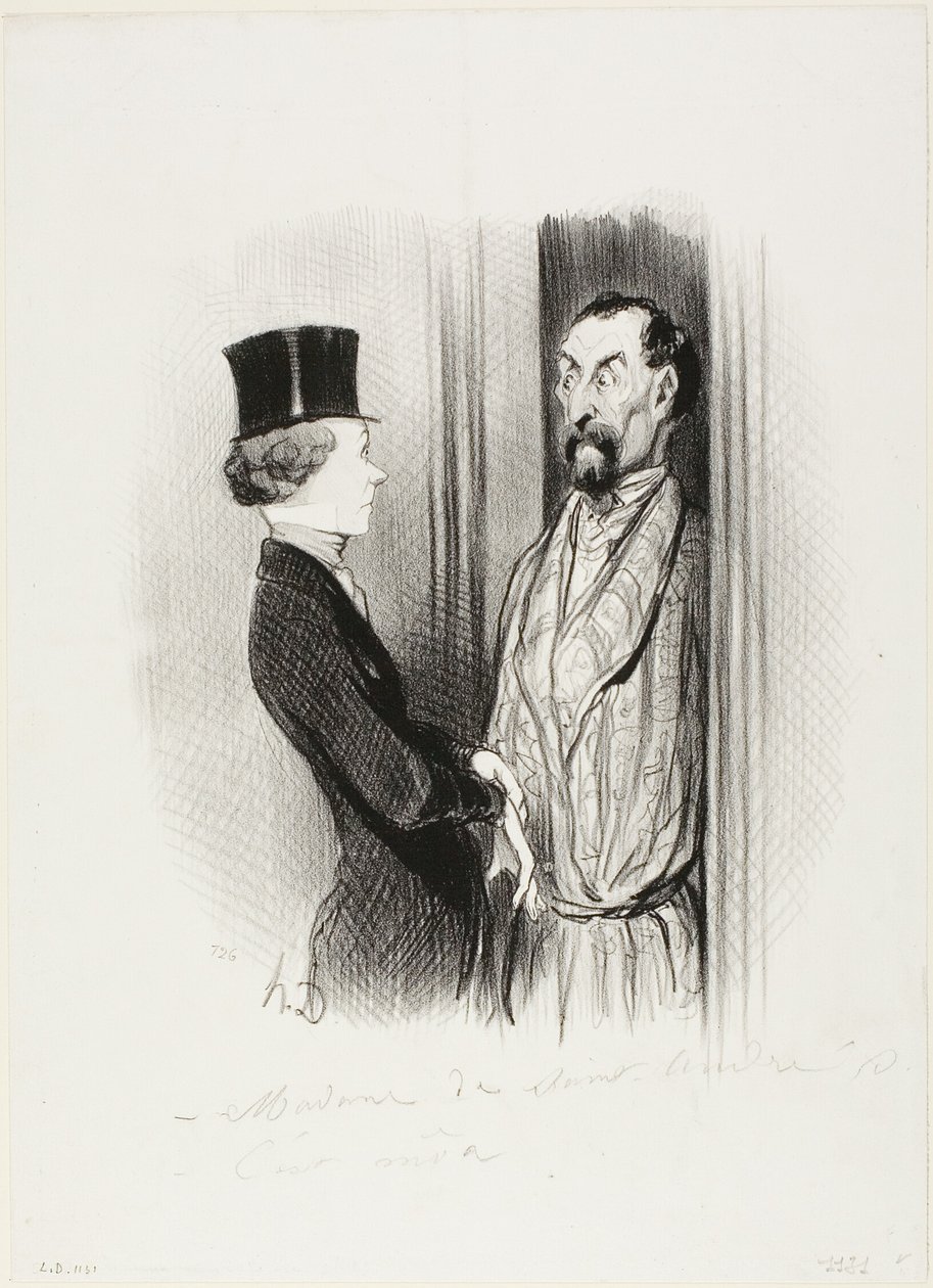 O Rendez-Vous. "- Madame Eudoxie Blancminet - Sou eu, Monsieur... que posso fazer por si", chapa 44 de Les Beaux Jours De La Vie de Honoré Victorin Daumier