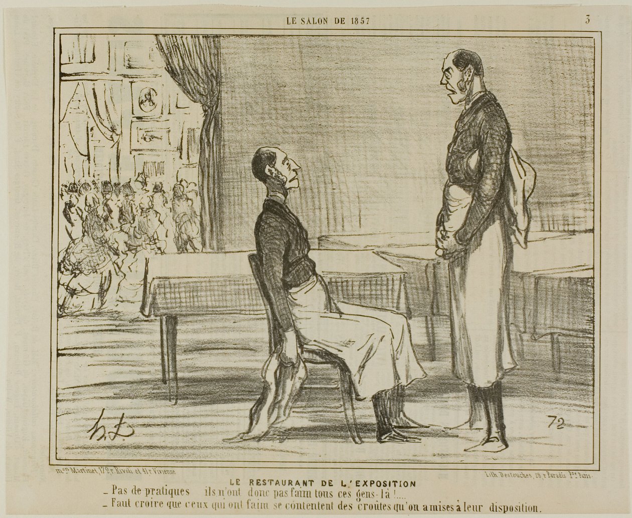 O restaurante da exposição. "- Não há clientes... estas pessoas não têm fome - Suponho que os que têm fome estão a comer os petiscos que lhes foram oferecidos", prato 3 do Le Salon De 1857 de Honoré Victorin Daumier