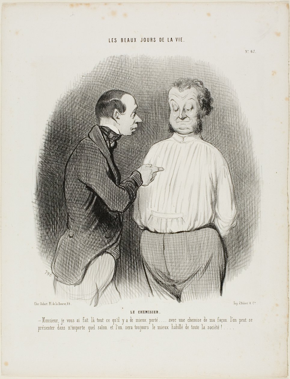 O fabricante de camisas. "Com uma camisa da minha autoria, pode apresentar-se em qualquer salão e será sempre o homem mais bem vestido da festa", placa 67 de Les Beaux Jours de Honoré Victorin Daumier